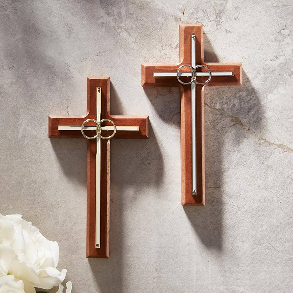 Overlay Wedding Cross With Gold Rings: Wood, Gold Plate / 4-1/2" W x 8" H