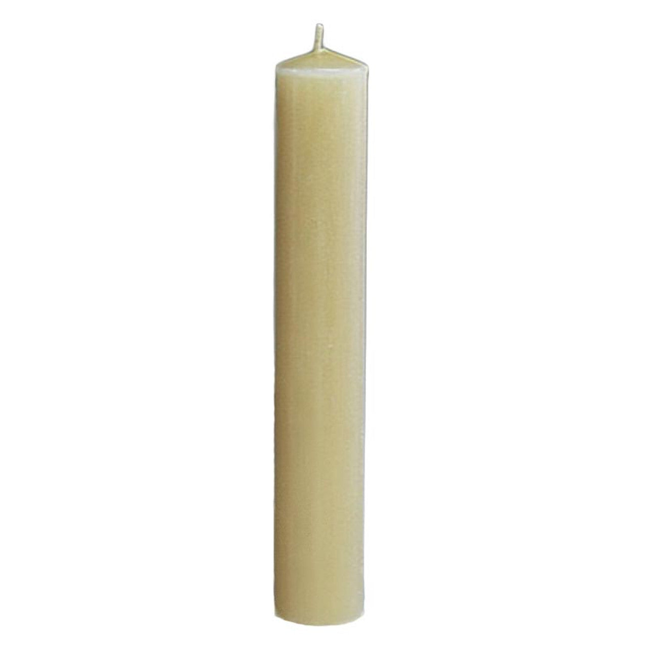 9" tall 100% beeswax prayer candle with smooth natural finish and tapered wick on white background