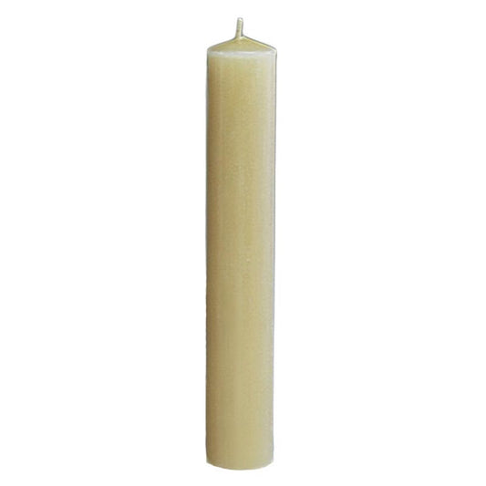 9" tall 100% beeswax prayer candle with smooth natural finish and tapered wick on white background