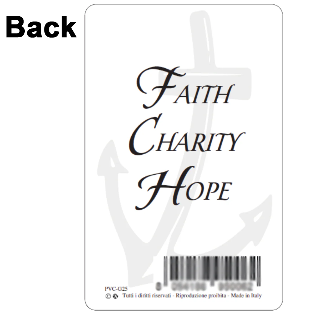 Jubilee Prayer Card laminated with Faith Charity Hope text and faint anchor and cross background design