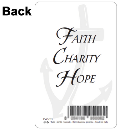 Jubilee Prayer Card laminated with Faith Charity Hope text and faint anchor and cross background design