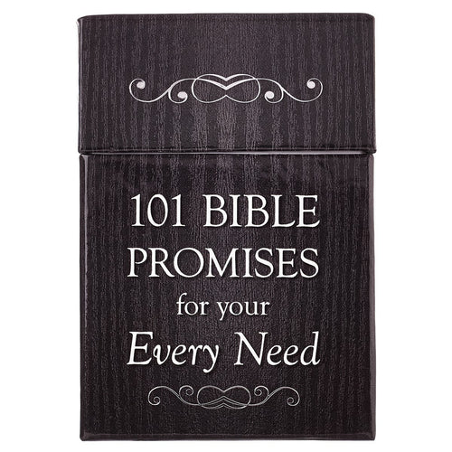 Black sturdy lidded box with white text "101 Bible Promises for your Every Need" and decorative scroll accents