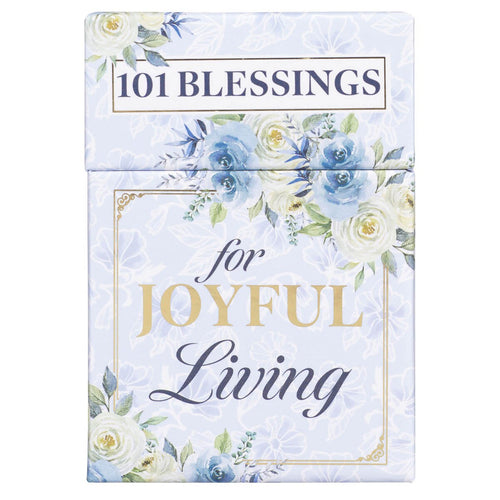 Frosty blue box with white and blue floral design titled 101 Blessings for Joyful Living with gold and navy text