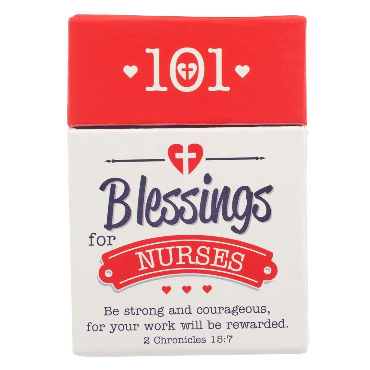 Box of Blessings with 101 Blessings for Nurses and 2 Chronicles 15:7 scripture on white and red packaging