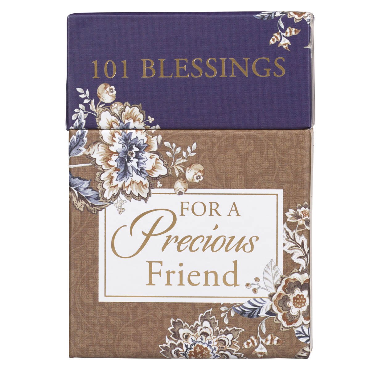 Decorative box with navy lid and floral design labeled "101 Blessings for a Precious Friend" gift set container