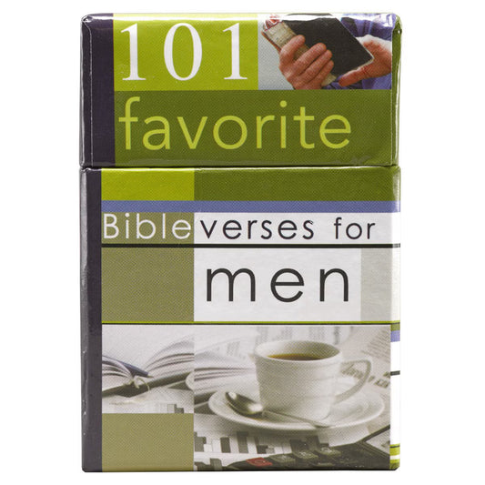Box set titled 101 Favorite Bible Verses for Men with image of coffee cup and open Bible pages on cover