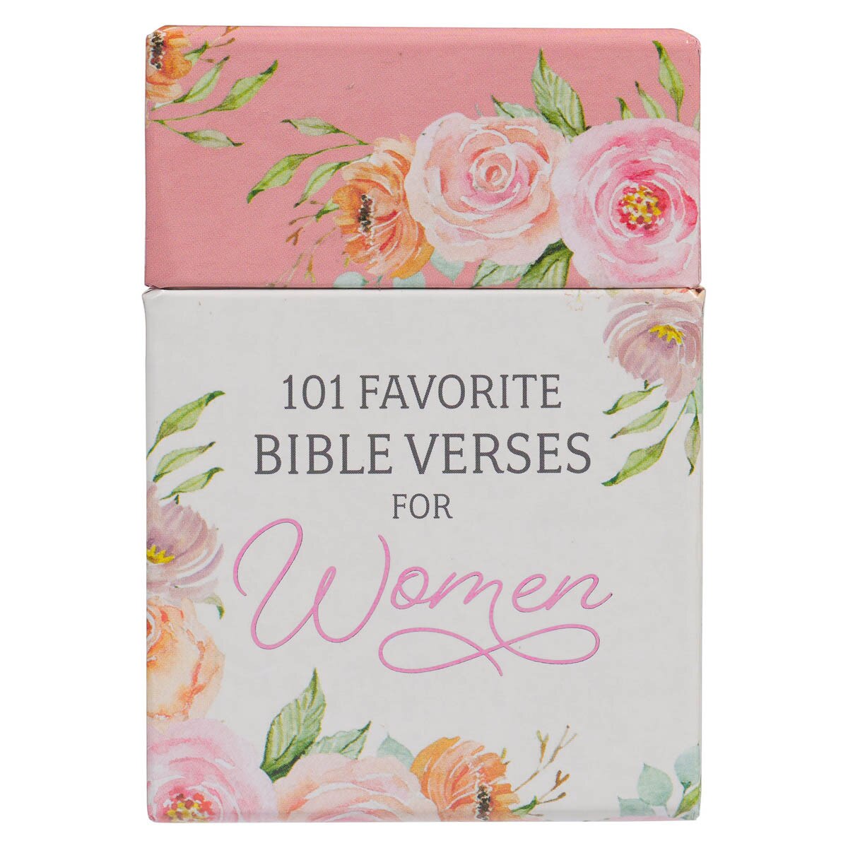Box of blessing cards titled "101 Favorite Bible Verses for Women" with pink floral design on white background