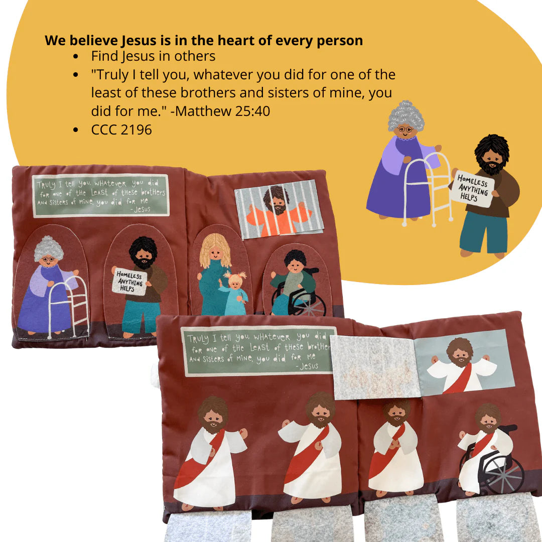 Open "Where is Jesus" mass quiet book showing fabric illustrations of Jesus interacting with people in need and scripture quotes