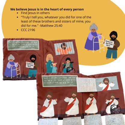 Open "Where is Jesus" mass quiet book showing fabric illustrations of Jesus interacting with people in need and scripture quotes
