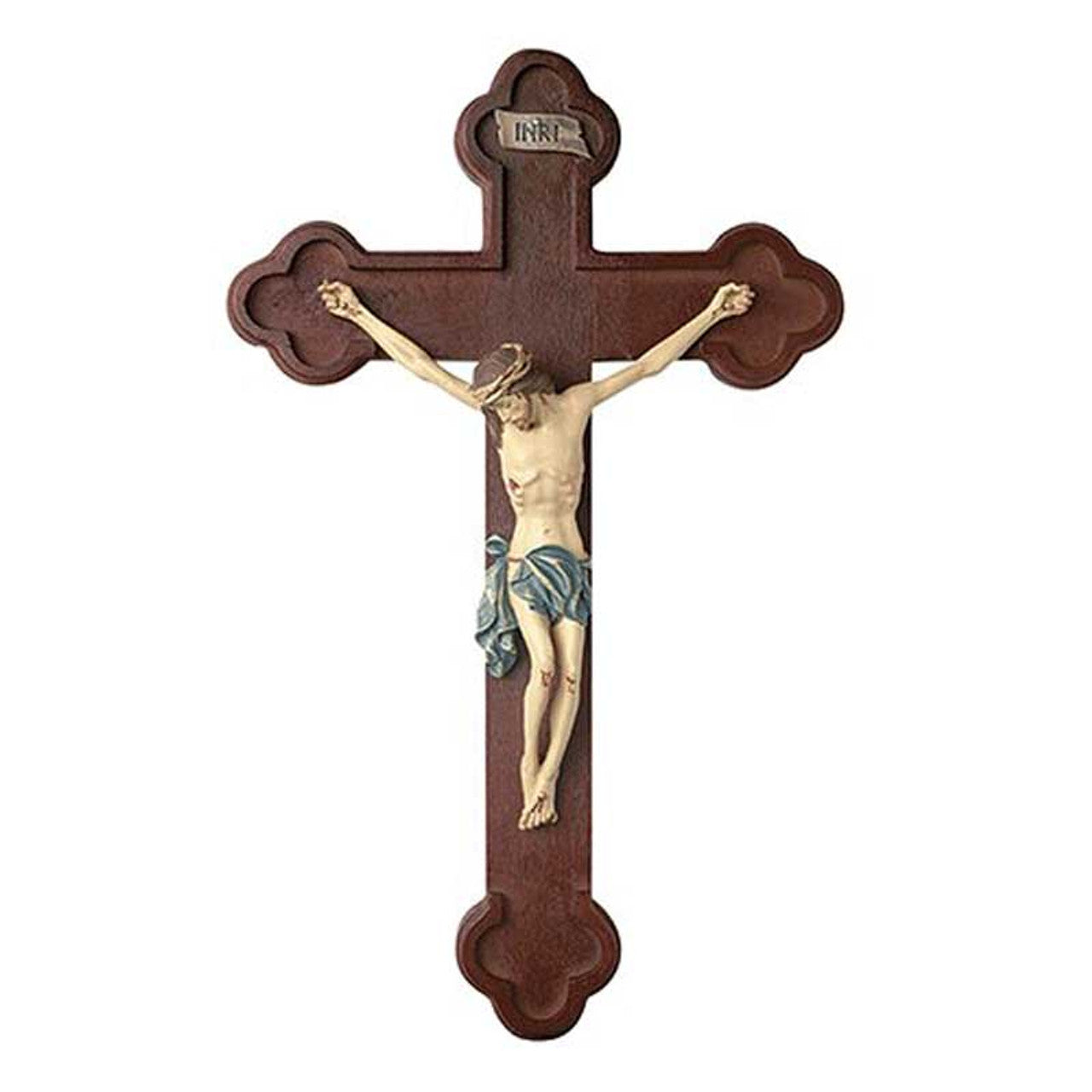 Tomaso Budded Crucifix with detailed corpus, crown of thorns, blue loincloth, and carved wood-style cross background