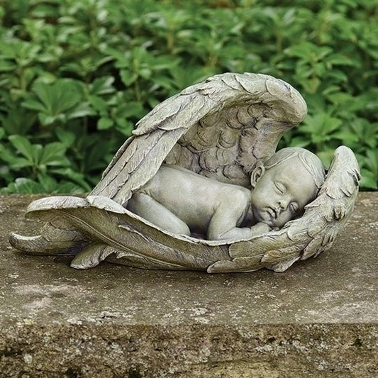 7-inch resin statue of a sleeping baby cradled by detailed angel wings for garden or memorial display
