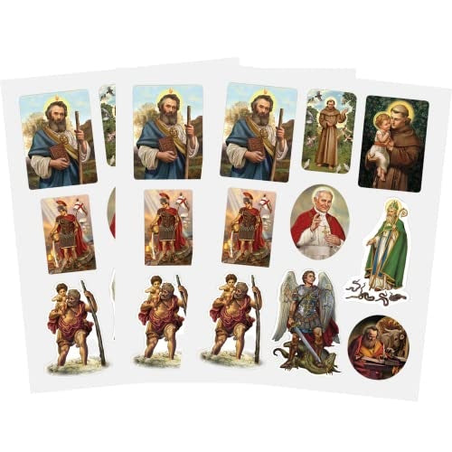 Three sheets of Catholic stickers featuring Boy Jesus, saints, angels, and religious figures on blue and white backgrounds