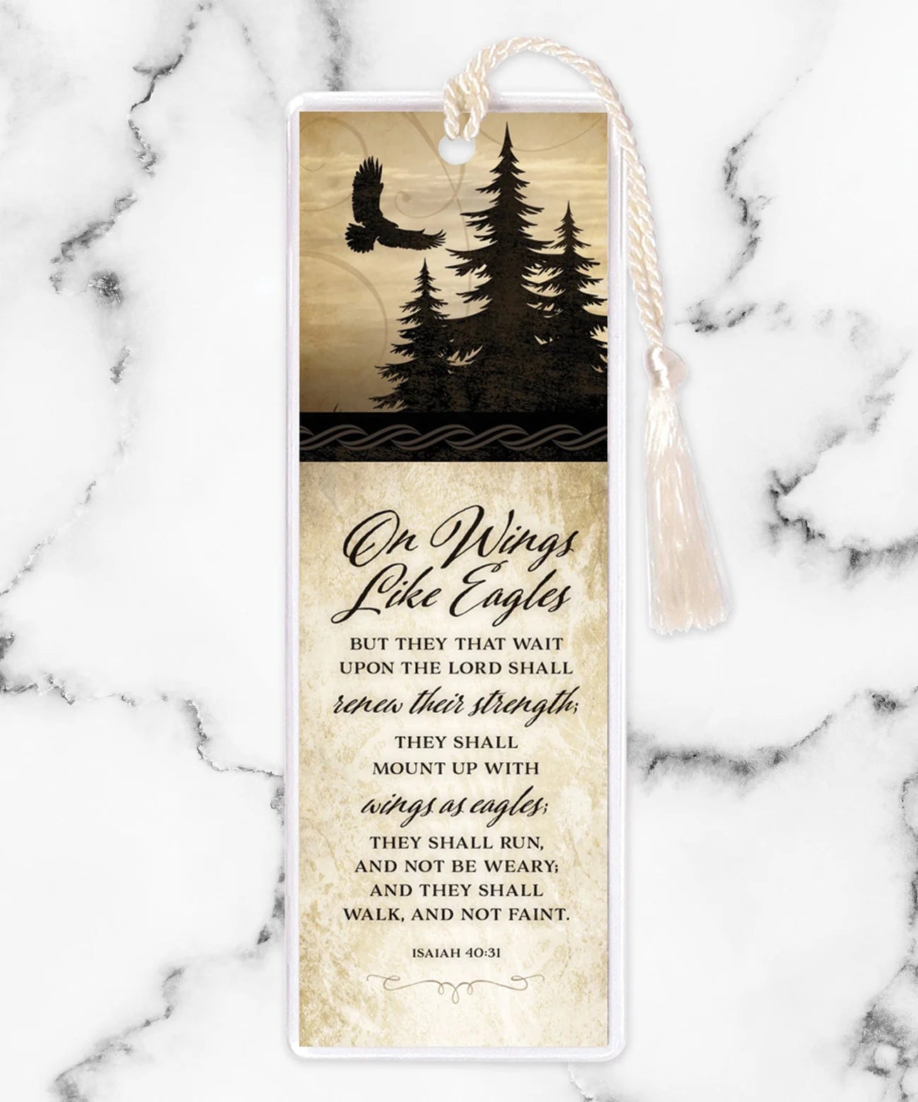 Bookmark with tassel featuring silhouette of eagle and pine trees with Isaiah 40:31 scripture verse on cream background
