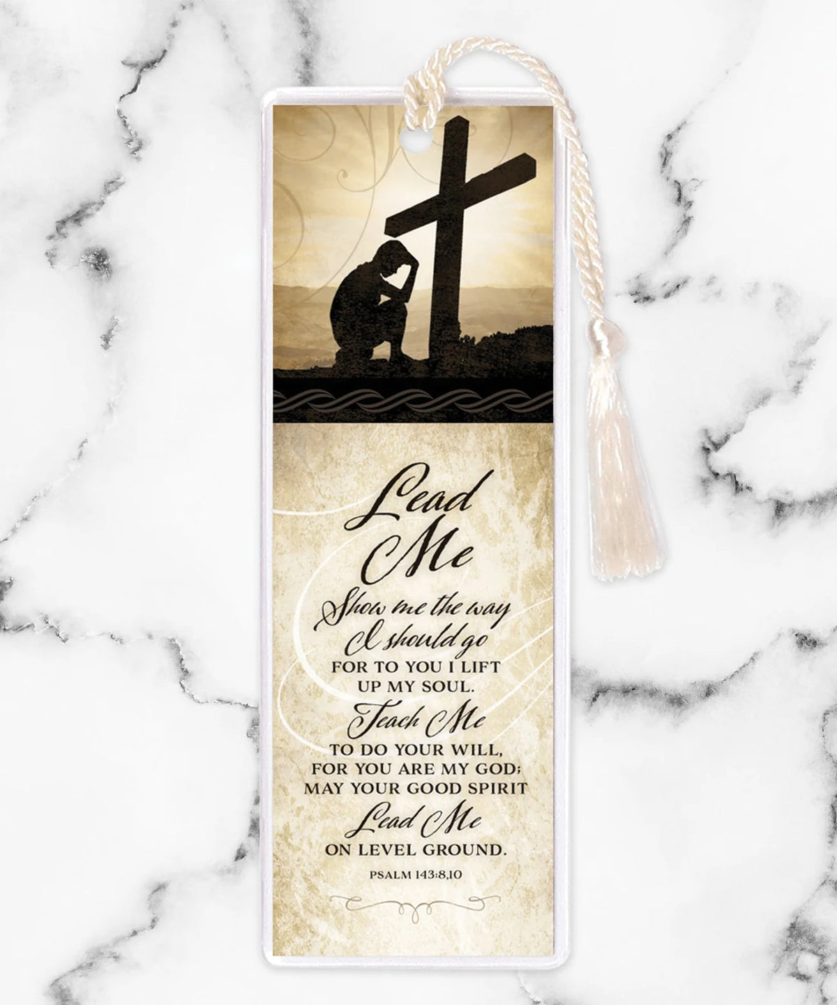 Tassel bookmark with silhouette of kneeling man by cross and Psalm 143:8,10 scripture titled Lead Me verse