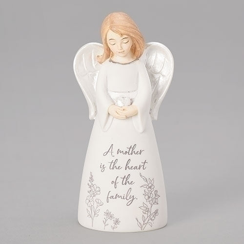 4 1/2" Mother's Angel figurine with silver wings and floral design, inscribed "A mother is the heart of the family