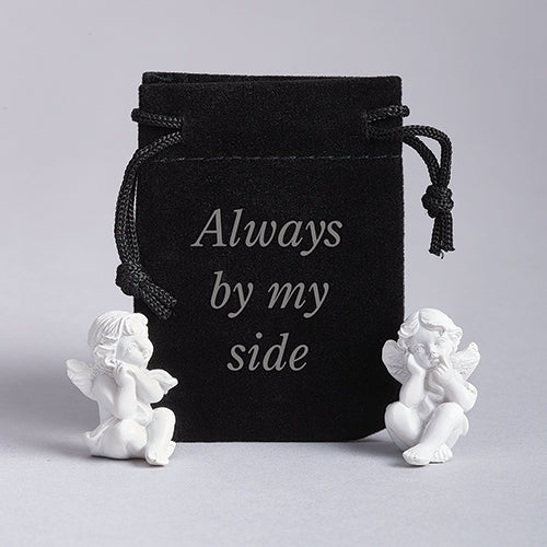 Guardian Angel Mini Statue set with two white angel figurines and black velvet pouch embroidered Always by my side