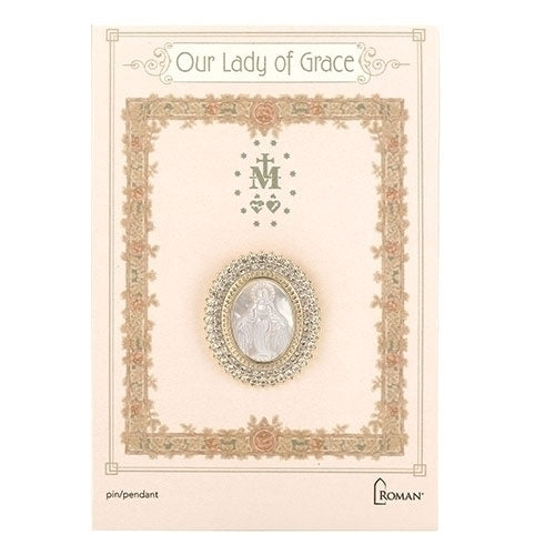 Elegant Our Lady of Grace oval gold pin with natural shell detail, perfect as a pendant or brooch, 1 inch size.