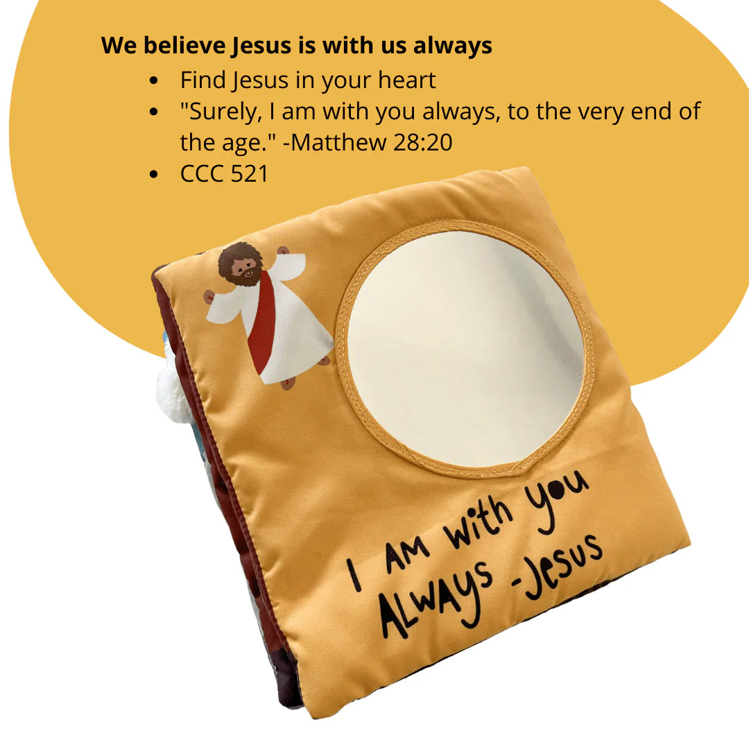 Yellow fabric "Where is Jesus" Mass quiet book with mirror and Jesus illustration on cover with scripture quote