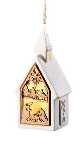 4.7" lighted church nativity ornament with stone resin frame and illuminated Holy Family scene inside window