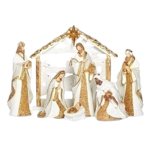 7 pc Nativity White with Gold Pattern Set  11" - Unique Catholic Gifts