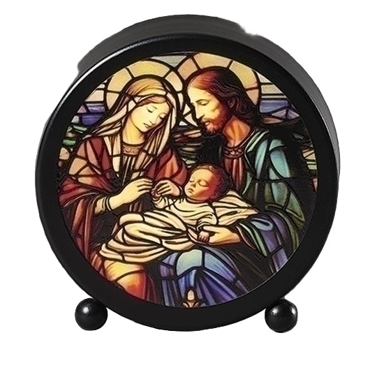 4 1/2" Holy Family stained glass style lighted tabletop plaque with round glass and metal frame