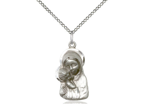 Sterling Silver Madonna & Child Pendant on an 18-Inch Sterling Silver Light Curb Chain
