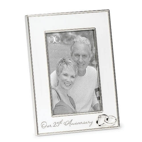 Silver 8" Our 25th Wedding Anniversary photo frame with intertwined rings and elegant engraved text for 4x6 photo.