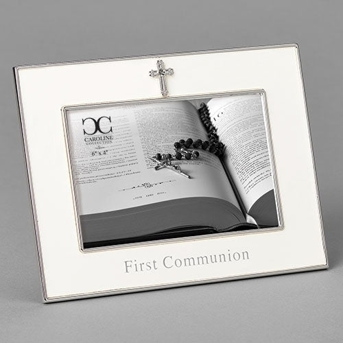 Ivory First Communion photo frame with silver cross accent and "First Communion" text, 6 inches tall keepsake design.