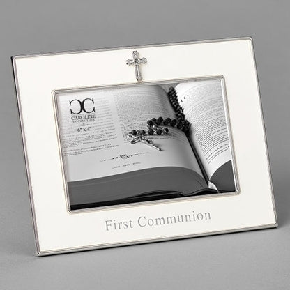 Ivory First Communion photo frame with silver cross accent and "First Communion" text, 6 inches tall keepsake design.