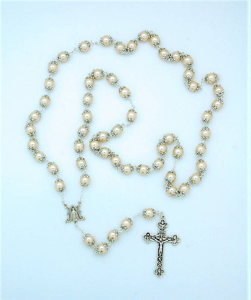 PA405 - 10mm Capped Glass Pearl Rosary - JMJs Catholic Store, Inc