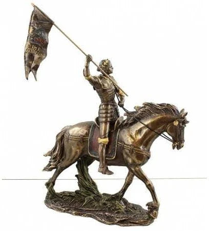 11 1/8" bronze statue of St. Joan of Arc on horseback holding detailed flag and wearing armor on textured base