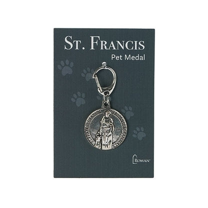Saint Francis Pet Medal with detailed saint image and lobster clasp, displayed on dark card with paw prints and white text