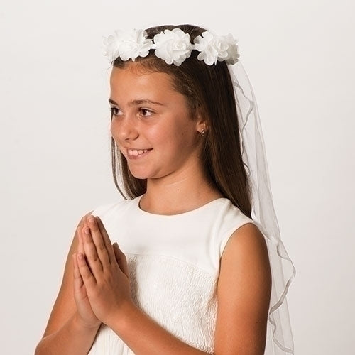 30" Emily First Communion veil with white floral crown, delicate lace trim, and sheer flowing fabric