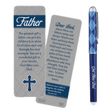 Father-themed pen and full-color bookmark gift set with prayer text and blue cross, gift boxed with silver bow for easy giving