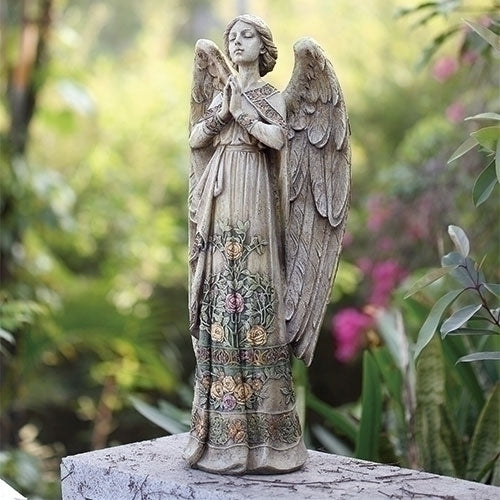 24-inch praying angel garden statue with detailed rose design on gown and graceful wings, perfect for outdoor decor