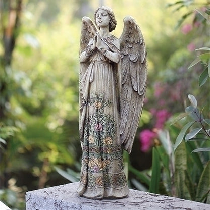 24-inch praying angel garden statue with detailed rose design on gown and graceful wings, perfect for outdoor decor