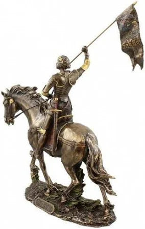 11 1/8" bronze St. Joan of Arc statue on horseback holding a flag, detailed armor and flowing horse mane