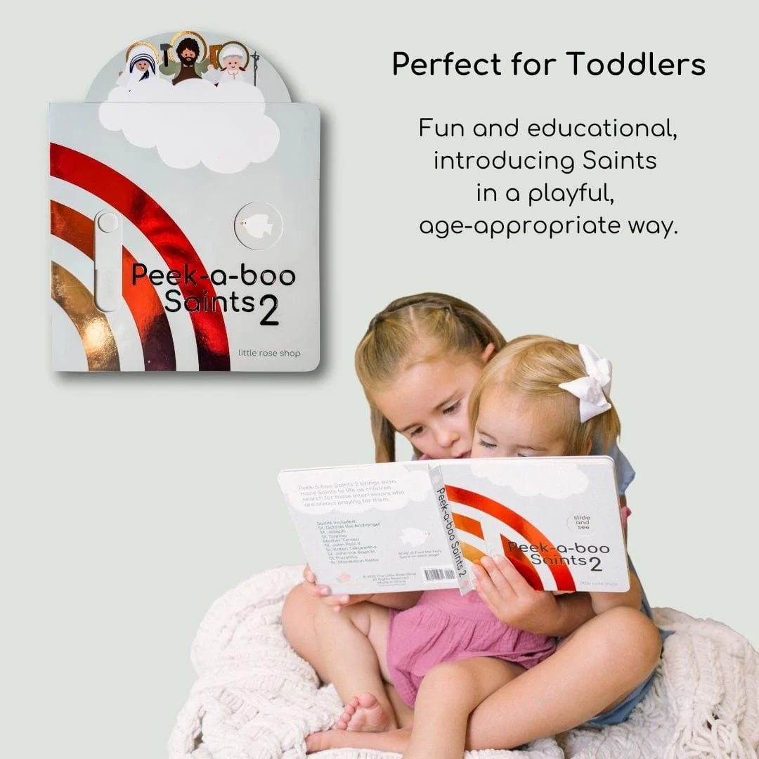 Peek-a-boo Saints 2 Catholic board book for toddlers with colorful slider and playful saint illustrations