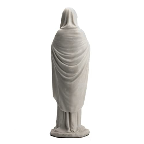 11 7/8" marble-like white Virgin Mary statue showing detailed back view with flowing robe and hooded veil design