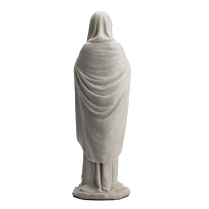 11 7/8" marble-like white Virgin Mary statue showing detailed back view with flowing robe and hooded veil design