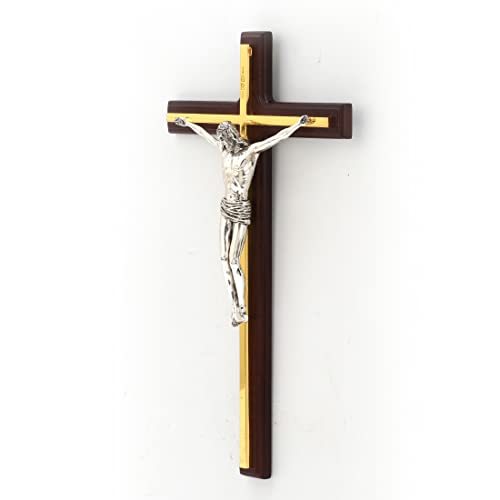 10 1/2" wooden wall cross with gold finish and detailed silver crucifix figure crafted with intricate design