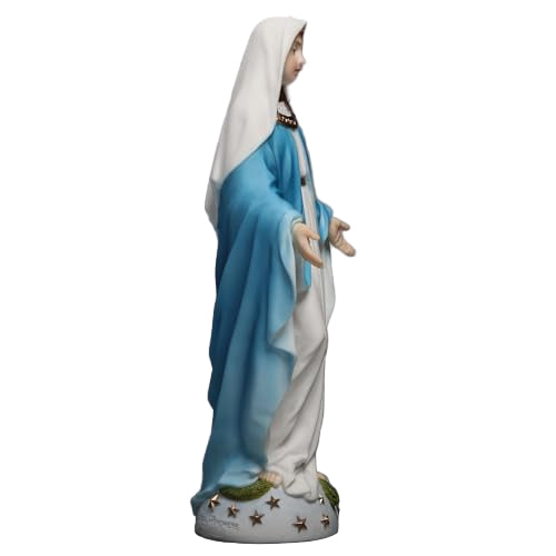 6 1/8" Our Lady of Grace statue with hand-painted blue and white robes, open arms, and star-adorned base