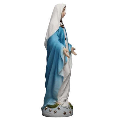 6 1/8" Our Lady of Grace statue with hand-painted blue and white robes, open arms, and star-adorned base