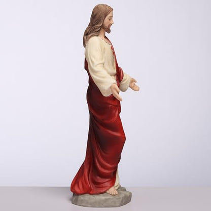 6 1/8" Sacred Heart of Jesus statue with red and cream robes, detailed hair, and outstretched arms on a textured base