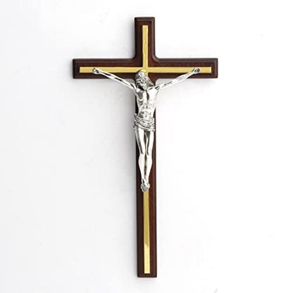 10 1/2" wooden wall cross with gold finish and detailed silver crucifix of Jesus Christ handcrafted design
