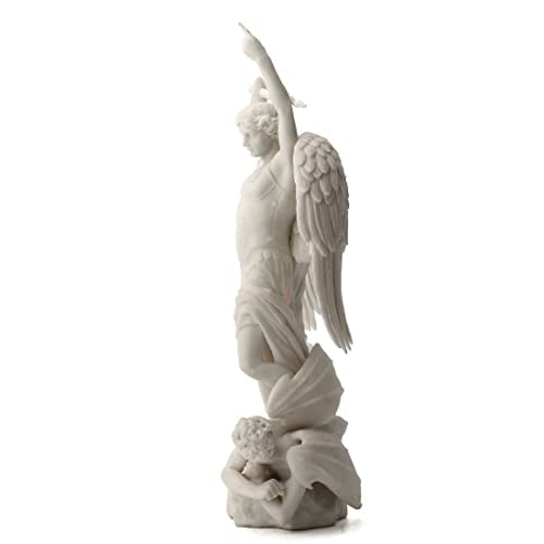 15" marble-like St. Michael the Archangel statue in resin, standing over defeated demon with detailed wings and robes