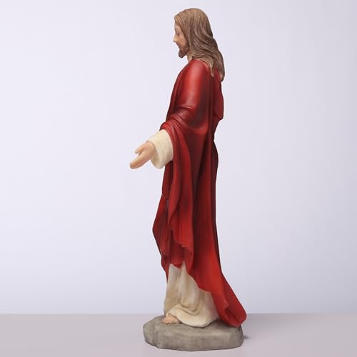 6 1/8" Sacred Heart of Jesus statue with red and white robe, outstretched hand, and detailed textured base