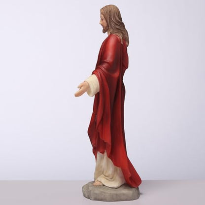 6 1/8" Sacred Heart of Jesus statue with red and white robe, outstretched hand, and detailed textured base