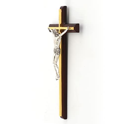 10 1/2" wooden wall cross with gold finish and detailed silver crucifix, handcrafted with intricate design