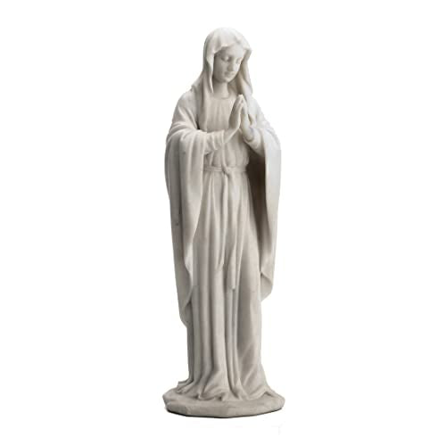 11 7/8" marble-like white Virgin Mary statue with praying hands, flowing robes, and serene facial expression